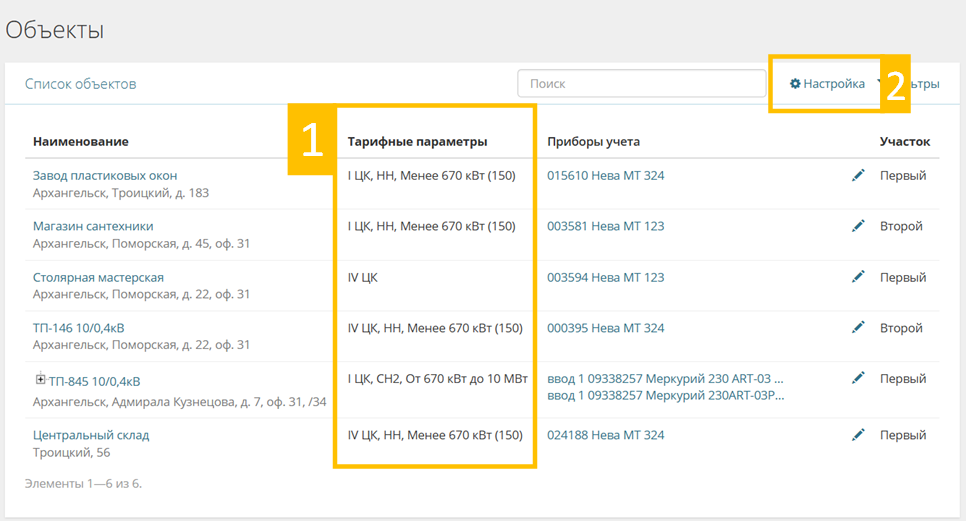 Справочник объектов с тарифными параметрами