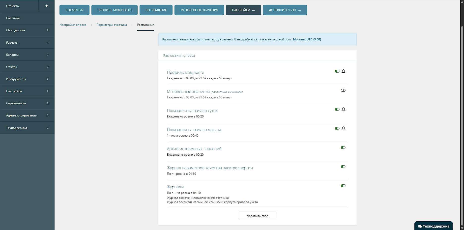 Включенные расписания